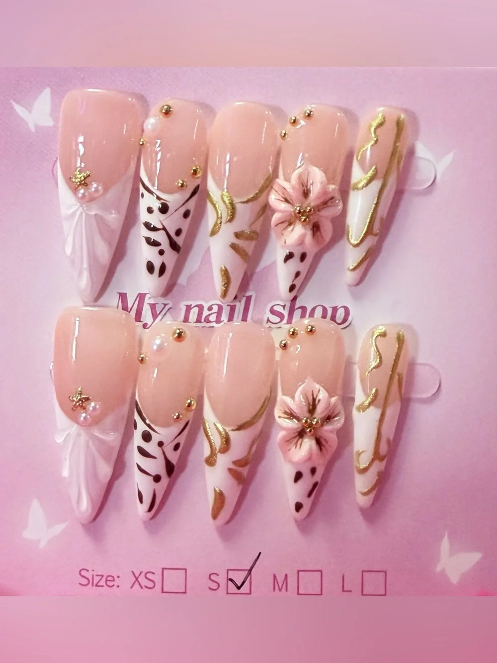 Elegant Pink Floral Stiletto Press-On Nails with Gold Accents
